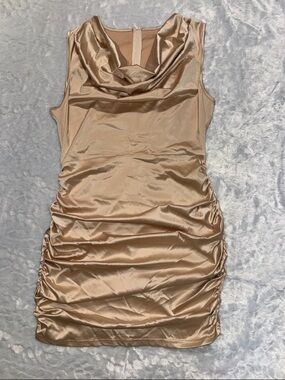SHEIN Champagne Satin Cowl Neck Ruched Mini Dress